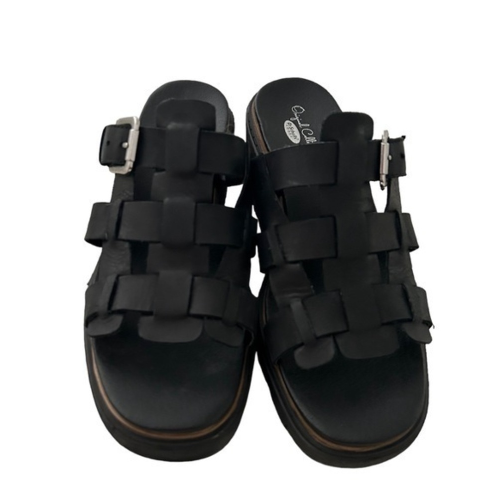 NEW Black Leather Fisherman Woven Wedge Heel Clogs - Picture 1 of 5